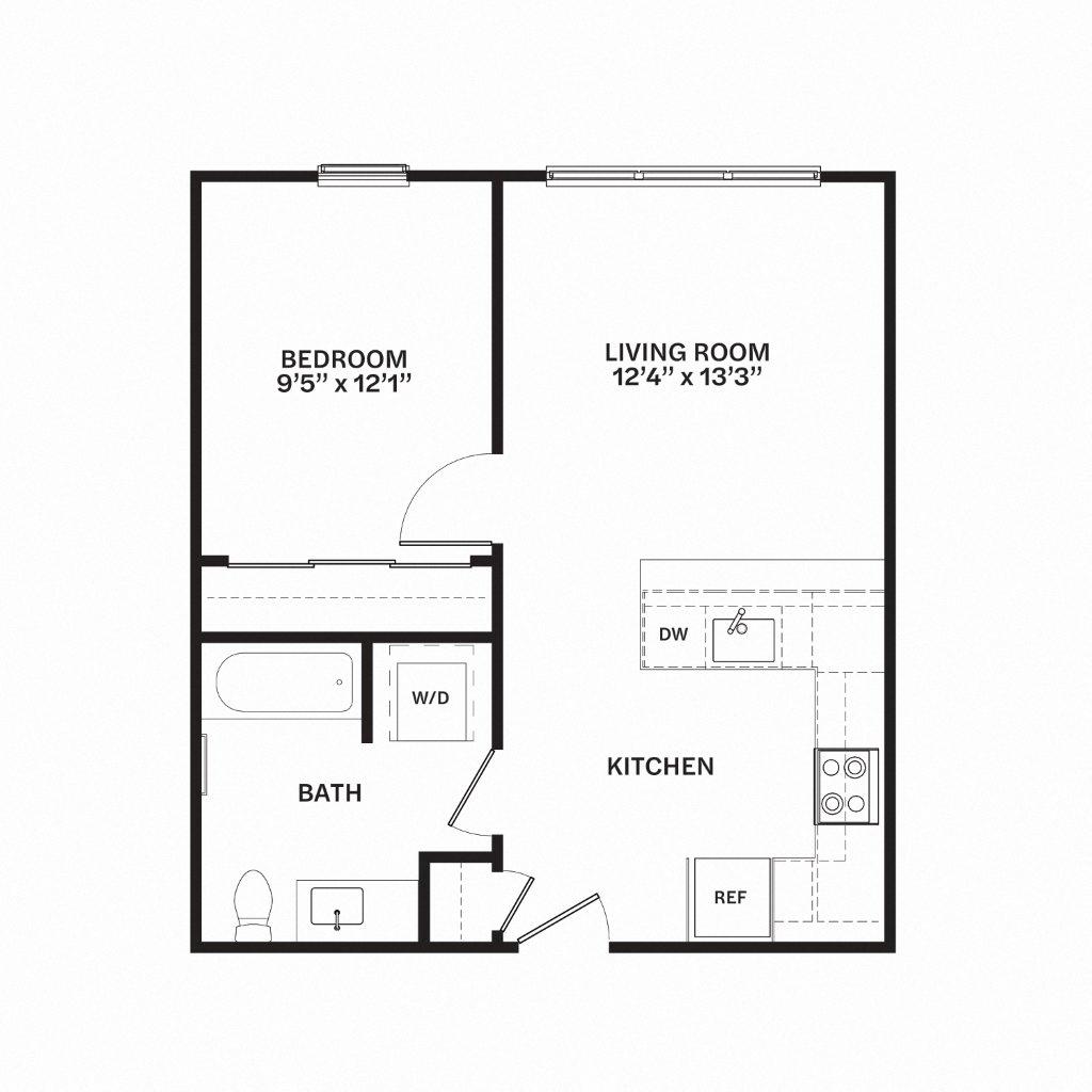 Floor plan for 1 bed, 1 bath, 596 sqft